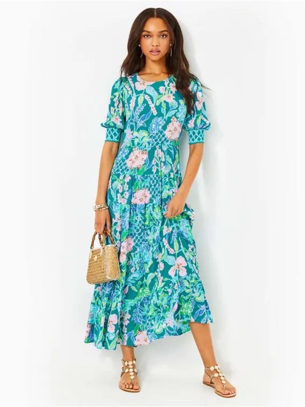 Lilly Pulitzer Teal Floral Tiered Maxi Dress with Pink Blooms